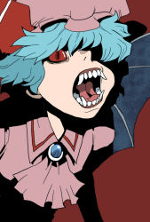 Rule 34 | 1girl, ascot, bat wings, blouse, blue hair, brooch, colored sclera, fangs, hair over one eye, hat, hat ribbon, jewelry, leaning forward, looking at viewer, mob cap, onikobe rin, open mouth, red background, red eyes, red sclera, remilia scarlet, ribbon, sharp teeth, shirt, short hair, simple background, slit pupils, solo, teeth, touhou, wings