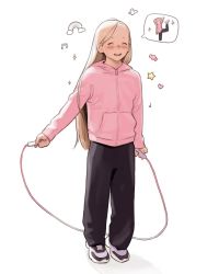 Rule 34 | 1girl, 2022, absurdres, blonde hair, blush, closed eyes, full body, highres, holding, jacket, jump rope, long hair, long sleeves, luimiart, musical note, open mouth, original, pink jacket, rainbow, shoes, smile, solo, speech bubble, standing, standing on one leg, teeth, upper teeth only, white background