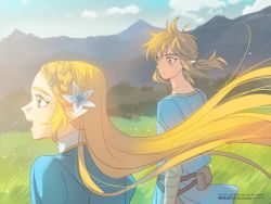 Rule 34 | 1boy, 1girl, blonde hair, blue eyes, blue shirt, blue tunic, blush, braid, earrings, flower, grass, green eyes, hair between eyes, hair flower, hair ornament, hairclip, jewelry, link, long hair, looking at another, looking to the side, low ponytail, mountain, nintendo, nito minatsuki, open mouth, outdoors, pointy ears, princess zelda, shirt, sidelocks, smile, the legend of zelda, the legend of zelda: breath of the wild, thick eyebrows, tree, upper body, white shirt, wind