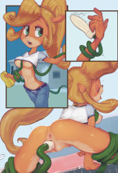 Rule 34 | 1girl, animal ears, anus, ass, belt, blonde hair, blue pants, blush, bottomless, breasts, clitoris, clothes lift, coco bandicoot, conoghi, covered erect nipples, crash bandicoot (series), crop top, denim, ears visible through hair, closed eyes, furry, green eyes, holding, holding sponge, hose, house, jeans, long hair, medium breasts, midriff, multicolored shirt, navel, nipples, no bra, no panties, no pants, object insertion, open mouth, panties, pants, panty peek, pink panties, ponytail, profile, pussy, shirt, shirt lift, short sleeves, sponge, standing, tongue, tongue out, uncensored, underboob, underwear, vaginal, vaginal object insertion, water