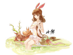 Rule 34 | 1girl, animal, animal ears, animal on lap, artist request, bare legs, blush, camisole, closed mouth, deer, douluo dalu, flower basket, grass, hand in own hair, highres, on lap, rabbit, rabbit ears, ribbon, second-party source, sitting, sleeping, squirrel, water, white background, white camisole, xiao wu (douluo dalu)