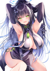 Rule 34 | 1girl, absurdres, animal ears, armpits, arms behind head, black hair, blue archive, blunt bangs, blush, breasts, cleavage, commentary request, fur trim, green eyes, hair ornament, halo, heart, highres, large breasts, long hair, looking at viewer, nenobi (nenorium), open mouth, shun (blue archive), simple background, smile, solo, thighs, white background
