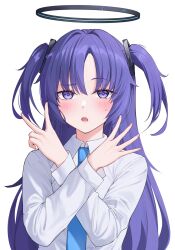Rule 34 | 1girl, blue archive, blue necktie, blush, collared shirt, halo, highres, long hair, long sleeves, looking at viewer, mechanical halo, mizoshi-x, necktie, open mouth, purple eyes, purple hair, shirt, simple background, solo, two side up, upper body, white background, yuuka (blue archive)