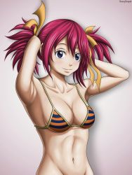 Rule 34 | 1girl, absurdres, armpits, arms behind head, belly, bikini, bikini top only, blue eyes, breasts, fairy tail, highres, large breasts, navel, pink hair, red hair, sheria blendy, smile, swimsuit, toned