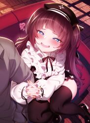 Rule 34 | 1girl, arm hug, black hair, blue eyes, blush, character request, couch, fang, frilled sleeves, frills, half-closed eyes, hat, highres, long sleeves, m-da s-tarou, mesugaki, nail polish, narrowed eyes, official art, on couch, puffy long sleeves, puffy sleeves, tanaka the wizard, thighhighs, twintails, wavy hair, wooden floor