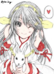 Rule 34 | 10s, 1girl, bare shoulders, rabbit, chicken99, commentary request, detached sleeves, graphite (medium), hair ornament, hairband, haruna (kancolle), headgear, heart, japanese clothes, kantai collection, long hair, looking at viewer, monochrome, nontraditional miko, one eye closed, sketch, smile, solo, spoken heart, traditional media, twitter username