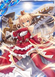 Rule 34 | 1girl, akkijin, arena, bare shoulders, blonde hair, blue eyes, breasts, card (medium), crown, dress, holding, holding sword, holding weapon, huge weapon, long hair, medium breasts, official art, red dress, red ribbon, red skirt, red thighhighs, ribbed dress, ribbon, serious, shinkai no valkyrie, skirt, spread legs, sun, sword, thighhighs, twintails, weapon
