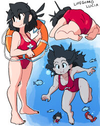 Rule 34 | 1girl, ass, bare legs, barefoot, black eyes, black hair, black nails, breasts, character name, cleavage, crab, fish, highres, innertube, lifeguard, long hair, lucia (scott malin), medium breasts, multiple views, one-piece swimsuit, original, outline, red one-piece swimsuit, scott malin, shadow, speech bubble, swim ring, swimsuit, underwater, white outline