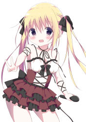 Rule 34 | 1girl, absurdres, bare shoulders, black bow, blonde hair, blush, bow, breasts, commentary request, contrapposto, cowboy shot, frilled shirt, frills, hair between eyes, hair bow, hair ribbon, hamada pengin, highres, holding, holding microphone, idol, long hair, looking at viewer, medium breasts, microphone, open mouth, original, outstretched arm, purple eyes, red skirt, ribbon, shirt, simple background, skirt, solo, standing, twintails, underboob, v, very long hair, white background, white shirt
