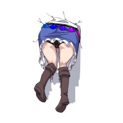 Rule 34 | 1girl, ass, black panties, blue skirt, boots, brown footwear, commentary request, from behind, highres, hinanawi tenshi, knee boots, legs, lower body, neropaso, panties, simple background, skirt, solo, striped clothes, striped panties, stuck, through wall, touhou, underwear, vertical-striped clothes, vertical-striped panties, white background
