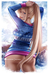 Rule 34 | 1girl, arms up, ass, blonde hair, blue eyes, bottomless, breasts, from behind, frost, grin, long hair, looking back, metroid, metroid dread, nintendo, ponytail, samus aran, sidelocks, smile, snow, solo, standing, sweater