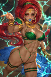 Rule 34 | 1girl, armlet, armor, blue lips, blue nails, blush, bondage outfit, bra, breasts, circlet, collar, commentary, cowboy shot, dark-skinned female, dark skin, earrings, electricity, english commentary, gerudo, gold bracelet, green bra, green eyes, green headband, hair pulled back, headband, hoop earrings, jewelry, long hair, medium breasts, mixed-language commentary, multiple rings, navel, neoartcore, nintendo, paid reward available, patreon username, pauldrons, pointy ears, red hair, ring, shoulder armor, solo, thai commentary, the legend of zelda, the legend of zelda: breath of the wild, thick thighs, thigh strap, thighs, toned, underwear, urbosa