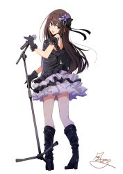 Rule 34 | 10s, 1girl, absurdres, artist name, bare shoulders, black dress, black gloves, boots, brown hair, dress, from behind, gloves, green eyes, hair ornament, hair ribbon, highres, idolmaster, idolmaster cinderella girls, kazenoko, knee boots, long hair, looking at viewer, looking back, microphone, microphone stand, open mouth, ribbon, shibuya rin, signature, simple background, solo, white background