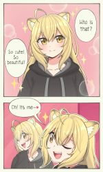 Rule 34 | 1girl, :d, ahoge, animal ear fluff, animal ears, black hoodie, blonde hair, collarbone, commentary, english commentary, english text, fang, hair between eyes, highres, hood, hood down, hoodie, long hair, looking at viewer, mirror, open mouth, pas (paxiti), reflection, smile, solo, sparkle, speech bubble, vrchat, yellow eyes