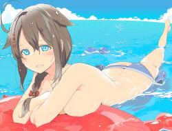 Rule 34 | 1girl, ahoge, ass, barefoot, bikini, blue bikini, blue eyes, blush, bow, braid, breasts, brown hair, butt crack, day, hair bow, hair flaps, hair ornament, hair over shoulder, highres, kantai collection, long hair, looking at viewer, lying, medium breasts, ocean, on stomach, open mouth, outdoors, red bow, shigure (kancolle), shigure kai san (kancolle), shigure kai san (swimsuit) (kancolle), single braid, sky, solo, swimsuit, topless, unworn bikini top, water, wet, wet hair, yoshinaga yunosuke