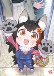 Rule 34 | 1girl, :3, :d, absurdres, aged down, alternate costume, animal ear fluff, animal ears, animal hands, black hair, blush, commentary request, fake whiskers, fangs, flipped hair, from above, gloves, hair ornament, halloween, halloween bucket, highres, hololive, jack-o&#039;-lantern, jack-o&#039;-lantern hair ornament, kineko9218, long hair, looking at viewer, multicolored hair, ookami mio, open mouth, overalls, paw gloves, red hair, red skirt, skirt, smile, solo focus, spiked hair, streaked hair, v-shaped eyebrows, very long hair, virtual youtuber, wolf ears, wolf girl, yellow eyes
