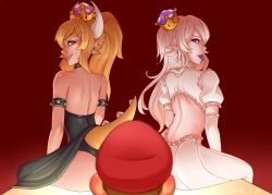 Rule 34 | 1boy, 2girls, :p, armlet, artist name, ass, back, backless outfit, bare shoulders, black dress, black panties, blonde hair, blue eyes, bowsette, bracelet, collar, commentary, crown, dress, earrings, eyebrows, fang, fang out, from behind, gloves, gradient background, grin, highres, horns, jewelry, leotard, lips, long hair, looking at viewer, looking back, luigi&#039;s mansion, mario, mario (series), mini crown, multiple girls, nintendo, nose, panties, pointy ears, ponytail, princess king boo, puffy short sleeves, puffy sleeves, red background, red eyes, sharp teeth, shellvi, shiny clothes, shiny skin, short sleeves, shoulder blades, simple background, sitting, smile, spiked armlet, spiked collar, spikes, strapless, super crown, tail, teeth, thick eyebrows, tongue, tongue out, underwear, white dress, white gloves, white hair, white horns