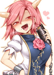Rule 34 | 1girl, chain, commentary request, cuffs, ehoumaki, fang, flower, food, food on face, harusame (unmei no ikasumi), heart, holding, holding food, horns, ibaraki kasen, long hair, makizushi, open mouth, outline, pink flower, pink hair, pink rose, puffy short sleeves, puffy sleeves, red eyes, rice, rose, shirt, short sleeves, simple background, solo, spoilers, sushi, tabard, tongue, touhou, upper body, uvula, white background, white shirt