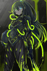 Rule 34 | 1boy, armor, black armor, black gloves, black hair, blood, blue eyes, commentary request, gloves, green blood, green eyes, helmet, heterochromia, high ponytail, highres, holding, holding helmet, holding weapon, hong lu (project moon), limbus company, long hair, looking at viewer, parted lips, project moon, shiki (shikki46), sidelocks, very long hair, weapon