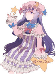 Rule 34 | 1girl, bow, capelet, double bun, hat, hat bow, long hair, mob cap, n-mix, patchouli knowledge, purple eyes, purple hair, sash, simple background, solo, star (symbol), touhou, twitter username, very long hair, white hair, wide sleeves