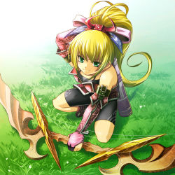 Rule 34 | 1girl, bike shorts, blonde hair, bow (weapon), edobox, elbow gloves, female focus, full body, gloves, green eyes, long hair, nature, original, outdoors, ponytail, quiver, solo, weapon