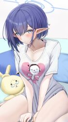 Rule 34 | 1girl, aoi (blue archive), doodle sensei (blue archive), blue archive, blue eyes, blue hair, blue halo, blush, breasts, cafenami, cleavage, closed mouth, collarbone, halo, highres, large breasts, looking at viewer, mole, mole under eye, pointy ears, sensei (blue archive), shirt, short hair, short sleeves, solo, white shirt