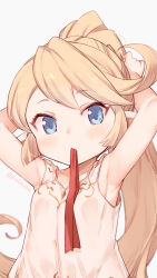 Rule 34 | 1girl, armpits, arms up, blonde hair, blue eyes, breasts, camisole, charlotta (granblue fantasy), granblue fantasy, hair tie in mouth, harvin, highres, jingai modoki, light blush, long hair, looking at viewer, mouth hold, ponytail, small breasts, solo, twitter username, upper body, very long hair