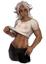 Rule 34 | 1girl, abs, absurdres, artist name, black pants, blouse, breasts, clothes lift, collarbone, commentary, cropped legs, dark-skinned female, dark elf, dark skin, elf, english commentary, excessive pubic hair, female pubic hair, frown, hand on own hip, highres, large breasts, looking away, looking to the side, matilda fiship, medium hair, muscular, muscular female, navel, navel hair, no bra, notched ear, olivia (matilda fiship), original, pants, pointy ears, pubic hair, pubic hair peek, scar, shirt, shirt lift, short sleeves, simple background, solo, stomach, sweat, thick eyebrows, v-shaped eyebrows, wet, wet clothes, wet shirt, white background, white hair, white shirt