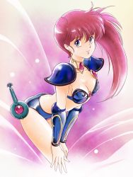 Rule 34 | 1girl, armor, asagiri youko, bikini armor, blue eyes, breasts, cleavage, commentary request, earrings, gem, genmu senki leda, highres, inomata mutsumi (style), jewelry, leaning forward, long hair, looking at viewer, medium breasts, parody, partial commentary, red hair, side ponytail, smile, solo, style parody, tamanegiinyo