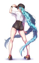 Rule 34 | 1girl, absurdly long hair, alternate costume, alternate hairstyle, aqua eyes, aqua hair, ass, baseball cap, blouse, braid, commentary request, earrings, from behind, full body, hand up, hat, hatsune miku, high-waist shorts, highres, jewelry, kneepits, long hair, looking at viewer, looking back, nail polish, no socks, shirt, shoes, shorts, simple background, smile, sneakers, solo, t-shirt, twin braids, very long hair, vocaloid, watch, white background, white shirt, wokada, zipper