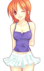 Rule 34 | 1girl, arm behind back, bad id, bad pixiv id, bare shoulders, blue shirt, blush, breasts, brown eyes, camisole, cleavage, collarbone, cowboy shot, cropped legs, head tilt, looking at viewer, mikazuki sara, miniskirt, one eye closed, open mouth, orange hair, shirt, short hair, simple background, skirt, sleeveless, sleeveless shirt, smile, solo, thigh gap, white background, white skirt, wink