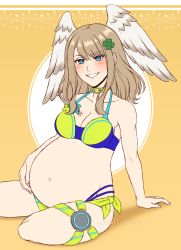 Rule 34 | 1girl, absurdres, adricarra, bikini, blue eyes, blush, breast tattoo, breasts, brown hair, choker, cleavage, clover, eunie (xenoblade), four-leaf clover, head wings, highres, looking at viewer, medium breasts, navel, pregnant, sitting, smile, solo, swimsuit, tattoo, two-piece swimsuit, white wings, wings, xenoblade chronicles (series), xenoblade chronicles 3