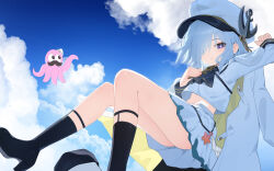 Rule 34 | 1girl, absurdres, ascot, black ascot, black footwear, blue sky, boots, closed mouth, cloud, cloudy sky, contrail, day, dot nose, from below, full body, hair over one eye, hand on own chest, hat, high heel boots, high heels, highres, jacket, jacket on shoulders, knee boots, knees together feet apart, long sleeves, looking at viewer, medium hair, midriff, miniskirt, octopus, one eye covered, open clothes, open jacket, original, outdoors, peaked cap, pleated skirt, purple eyes, romana, shirt, shirt overhang, skirt, sky, sleeve cuffs, solo, thighs, white hair, white hat, white jacket, white shirt, white skirt