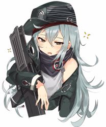 Rule 34 | 1girl, absurdres, ahoge, assault rifle, bare shoulders, blush, brown eyes, bullpup, caseless firearm, clothing cutout, cropped torso, g11 (girls&#039; frontline), girls&#039; frontline, green jacket, grey shirt, gun, h&amp;k g11, hair between eyes, half-closed eyes, hat, heckler &amp; koch, highres, holding, holding gun, holding weapon, horizontal magazine, jacket, long hair, long sleeves, looking at viewer, magazine (weapon), messy hair, open clothes, open mouth, personification, prototype design, red scarf, rifle, scarf, scarf on head, scope, shirt, shoulder cutout, sidelocks, signature, silver hair, sleepy, solo, squeans, tuxedo de cat, very long hair, weapon, white background, yawning