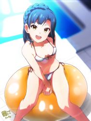 Rule 34 | 10s, 1girl, :d, ball, between thighs, bikini, blue hair, blurry, braid, breasts, dated, depth of field, exercise ball, french braid, from above, front-tie top, idolmaster, idolmaster million live!, kabayaki unagi, lens flare, looking at viewer, looking up, nanao yuriko, navel, open mouth, side-tie bikini bottom, sitting, small breasts, smile, solo, string bikini, sweat, swimsuit, twitter username, white bikini, yellow eyes