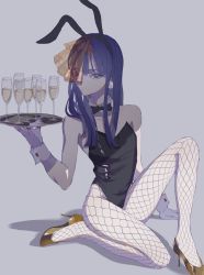 Rule 34 | 1other, androgynous, animal ears, black leotard, blue eyes, blue hair, blunt bangs, bow, bowtie, collar, drink, expressionless, fake animal ears, fishnet legwear, fishnets, gloves, high heels, highres, holding, houseki no kuni, kawaii wanal, knee up, lapis lazuli (houseki no kuni), leotard, long hair, looking at viewer, necktie, on ground, on one knee, pantyhose, plate, playboy bunny, rabbit ears, seiza, sidelocks, sitting, straight hair, wrist cuffs