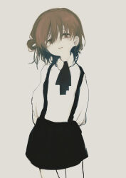 Rule 34 | 1girl, arms behind back, black ribbon, black skirt, brown eyes, brown hair, collared shirt, commentary request, contrapposto, cowboy shot, half-closed eyes, hatoba tsugu, head tilt, highres, light blush, light smile, limited palette, llll nnmn, long sleeves, looking at viewer, messy hair, neck ribbon, no headwear, open mouth, pale skin, ribbon, shirt, single hair ring, skirt, solo, suspender skirt, suspenders, tsugu (vtuber), virtual youtuber, white shirt