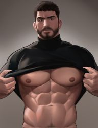 Rule 34 | 1boy, abs, bara, bare pectorals, black hair, black shirt, chris redfield, closed mouth, clothes lift, facial hair, gr goden, highres, large pectorals, male focus, muscular, muscular male, navel, nipples, pectorals, resident evil, resident evil village, shirt, shirt lift, short hair, solo, upper body