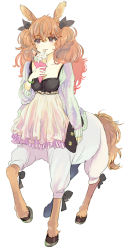 Rule 34 | 10s, 1girl, animal ears, apron, arm at side, bangle, black ribbon, bracelet, breasts, brown eyes, brown hair, casual, centaur, centaur no nayami, cleavage, collarbone, crepe, dress, eating, food, full body, hair ribbon, holding, holding food, horse ears, ice cream, jewelry, kimihara himeno, licking, long hair, long sleeves, monster girl, orange hair, pointy ears, purple eyes, ribbon, simple background, small breasts, solo, standing, tail, taur, tongue, tongue out, trico (mentalsketch1985), two side up, waist apron, white background