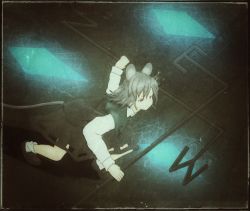 Rule 34 | 1girl, animal ears, ankle socks, black background, dowsing rod, expressionless, facing away, grey hair, long sleeves, mouse ears, mouse tail, nazrin, red eyes, shadow, shikishi, short hair, skirt, skirt set, socks, solo, squatting, tail, touhou, yuuzaa-mei