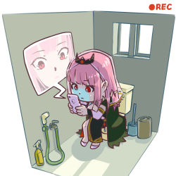 Rule 34 | 1girl, bathroom, cellphone, chibi, highres, holding, holding phone, hololive, hololive english, hose, mori calliope, phone, pink hair, red eyes, sitting, smartphone, toilet, toilet brush, trash can, tznami, virtual youtuber, window