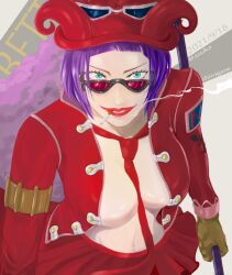 Rule 34 | asuka shirogane, belo betty, blue eyes, bob cut, breasts, character name, cigarette, commentary request, dated, gloves, goggles, goggles on headwear, hat feather, highres, holding, holding stick, jacket, large breasts, looking at viewer, necktie, one piece, open clothes, open jacket, purple hair, red-tinted eyewear, red headwear, red jacket, red lips, red necktie, red skirt, skirt, smoke, stick, sunglasses, tinted eyewear, twitter username, upper body