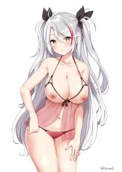 Rule 34 | 1girl, :o, absurdres, antenna hair, artist name, azur lane, bare shoulders, black ribbon, blush, bra, breasts, brown eyes, collarbone, cupless bra, eyes visible through hair, hair ribbon, head tilt, highres, jewelry, kaetzchen, large breasts, leaning forward, lingerie, long hair, looking at viewer, mole, mole on breast, multicolored hair, navel, nipples, panties, parted lips, prinz eugen (azur lane), red hair, red panties, ribbon, ring, see-through, signature, silver hair, simple background, solo, standing, streaked hair, swept bangs, two side up, underwear, very long hair, wedding band, white background