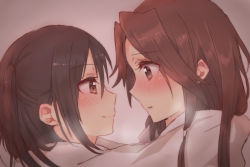 Rule 34 | 2girls, bad id, bad pixiv id, blush, brown eyes, brown hair, gradient background, highres, jintsuu (kancolle), kantai collection, long hair, looking at another, multiple girls, scarf, sendai (kancolle), shared clothes, shared scarf, sharing, smile, sorimachi-doufu, two side up, white scarf, yuri