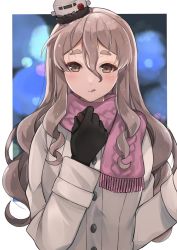 Rule 34 | 1girl, black gloves, brown eyes, coat, commentary request, gloves, grey coat, grey hair, hair between eyes, hat, highres, kantai collection, looking at viewer, mini hat, official alternate costume, pink scarf, pola (kancolle), scarf, solo, thick eyebrows, tilted headwear, toriniku senshi chikinman, wavy hair
