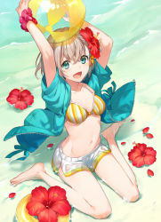 Rule 34 | 1girl, :d, arms up, asahikawa hiyori, ball, bare legs, barefoot, beachball, bikini, blue jacket, blush, breasts, brown hair, collarbone, commentary request, day, flower, green eyes, hair between eyes, hair flower, hair ornament, holding, holding ball, jacket, medium breasts, open clothes, open jacket, open mouth, original, outdoors, petals, petals on liquid, puffy short sleeves, puffy sleeves, red flower, red scrunchie, scrunchie, shallow water, short shorts, short sleeves, shorts, sitting, smile, solo, striped bikini, striped clothes, swimsuit, transparent, vertical-striped bikini, vertical-striped bikini top, vertical-striped clothes, wariza, water, white shorts, wrist scrunchie