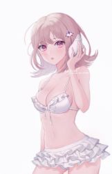 Rule 34 | 1girl, :o, artist name, bare shoulders, bikini, breasts, cleavage, collarbone, commentary request, cowboy shot, danganronpa (series), danganronpa 2: goodbye despair, galaga, hair ornament, hand up, highres, large breasts, layered skirt, looking at viewer, medium hair, mole, mole on breast, nanami chiaki, official alternate costume, open mouth, pink eyes, pink hair, seio b23, simple background, skindentation, skirt, swimsuit, white background, white bikini, white skirt