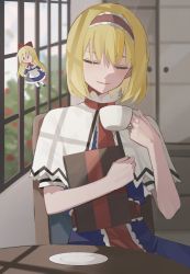 Rule 34 | 1girl, alice margatroid, blonde hair, blue dress, book, capelet, chair, cjsdh1000, closed eyes, closed mouth, commentary, cowboy shot, cup, dress, facing viewer, frilled hairband, frills, grimoire of alice, hairband, holding, holding book, holding cup, indoors, medium hair, red hairband, saucer, shanghai doll, short sleeves, sitting, smile, solo, table, teacup, touhou, white capelet, window