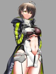 Rule 34 | 1girl, ahoge, armor, azur lane, baltimore (azur lane), black leotard, blue coat, braid, breasts, brown hair, center opening, closed mouth, clothing cutout, coat, cowboy shot, faulds, french braid, garter straps, gloves, hair between eyes, hand on own hip, hand on own chest, hood, hood down, hooded jacket, jacket, jy rabha, kymp, large breasts, leotard, long sleeves, looking at viewer, multicolored coat, navel, navel cutout, pelvic curtain, short hair, sidelocks, simple background, solo, standing, underboob, underboob cutout, visor (armor), white gloves, yellow eyes