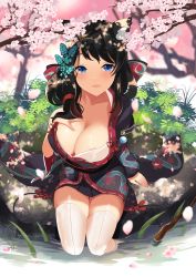 Rule 34 | 1girl, :d, absurdres, animal ears, areola slip, azur lane, bad id, bad pixiv id, black hair, black kimono, blue eyes, blush, breasts, butterfly hair ornament, cat ears, cleavage, day, fusou (azur lane), hair ornament, highres, japanese clothes, kimono, large breasts, long hair, looking at viewer, open mouth, outdoors, red eyes, short hair, sidelocks, skindentation, smile, soaking feet, white legwear, yamaha tsui